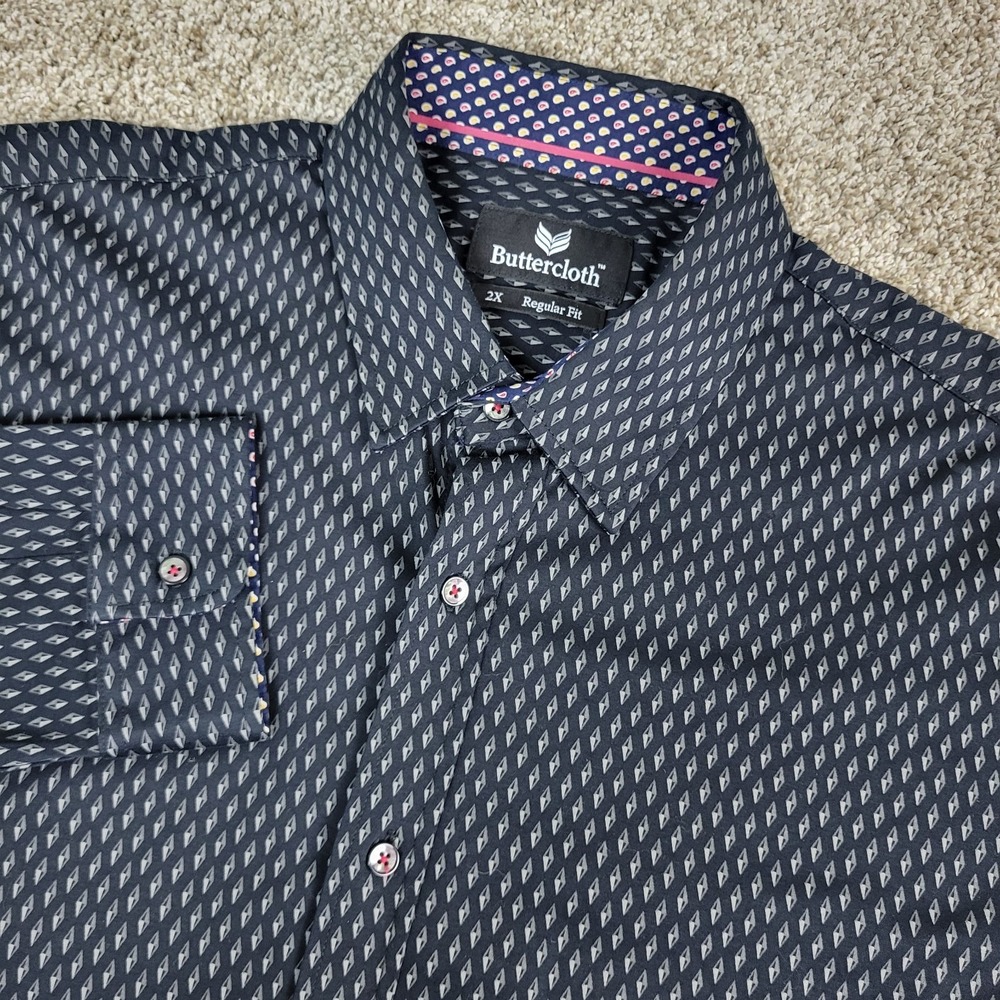 Buttercloth Regular Fit Mens 2XL Black AOP Geometric Performance Button Up LS